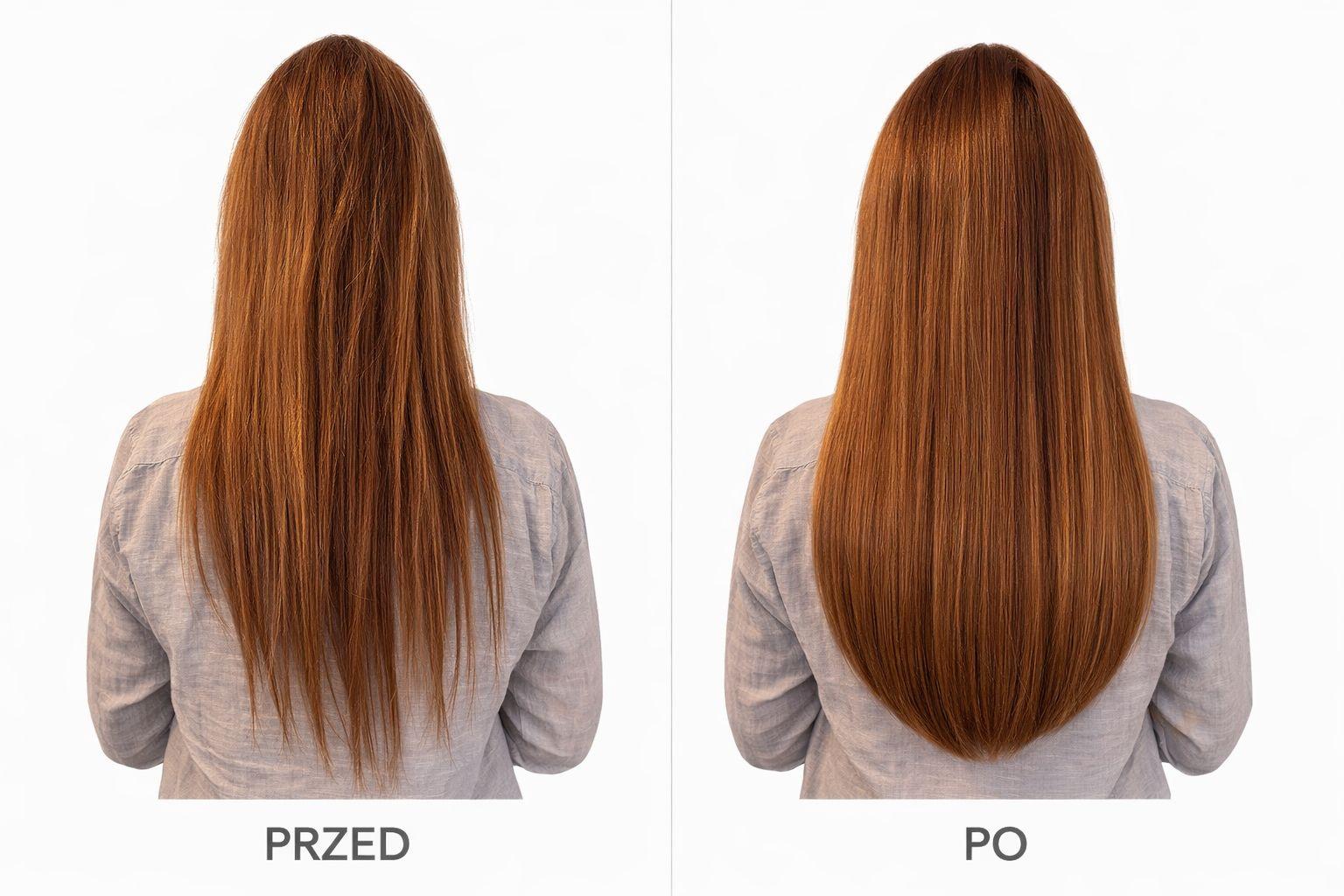 Wyróżniona metamorfoza — zagęszczanie i przedłużanie włosów w Salonie Metamorfoza. Porównanie przed i po zabiegu.